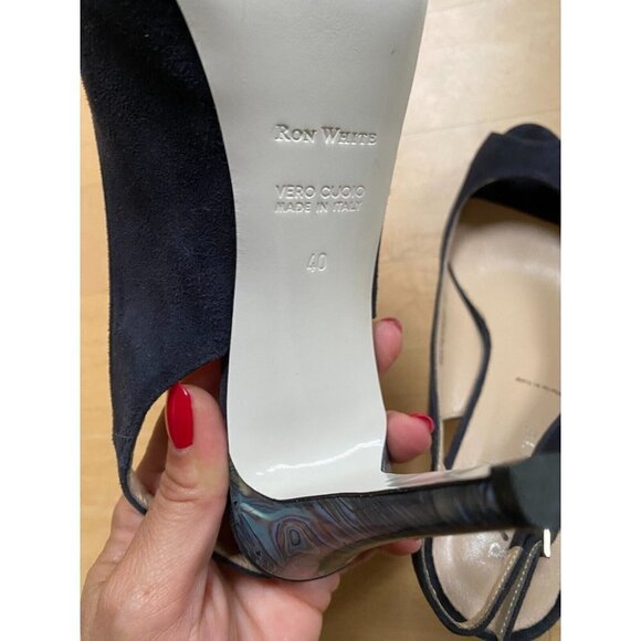 Ron White "Brooks" peep toe slingback heel Brand NEW suede navy blue Italy - Picture 2 of 9